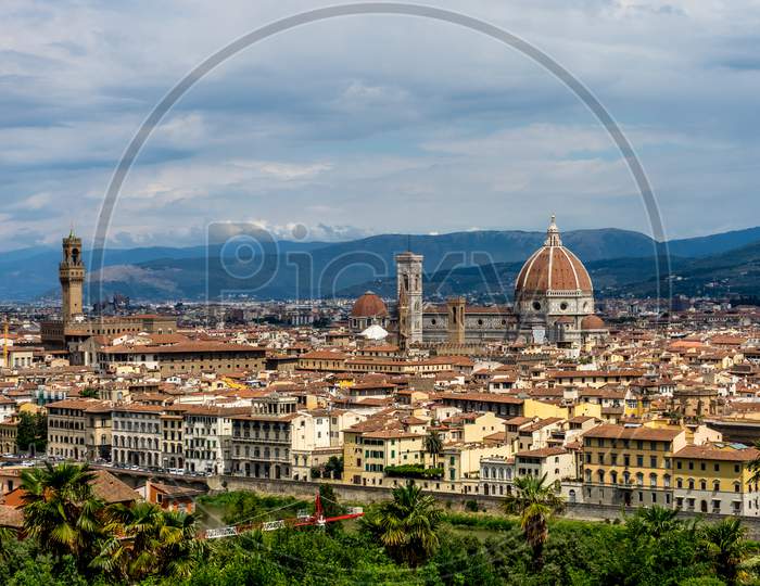 Panaromic View Of Florence With Palazzo Vecchio And Duomo Viewed From Piazzale Michelangelo (Michelangelo Square)