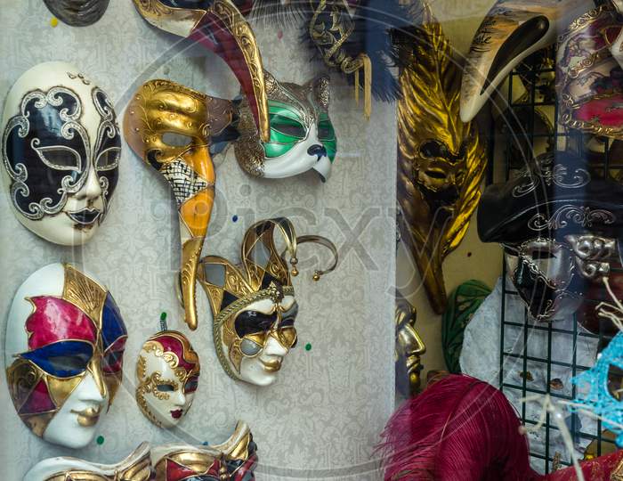 Venice, Italy - 30 June 2018: Colorful Venetian Maska On Display In A Shop In Venice, Italy