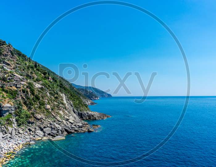 Italy, Cinque Terre, Vernazza, Vernazza, Scenic View Of Sea Against Clear Blue Sky