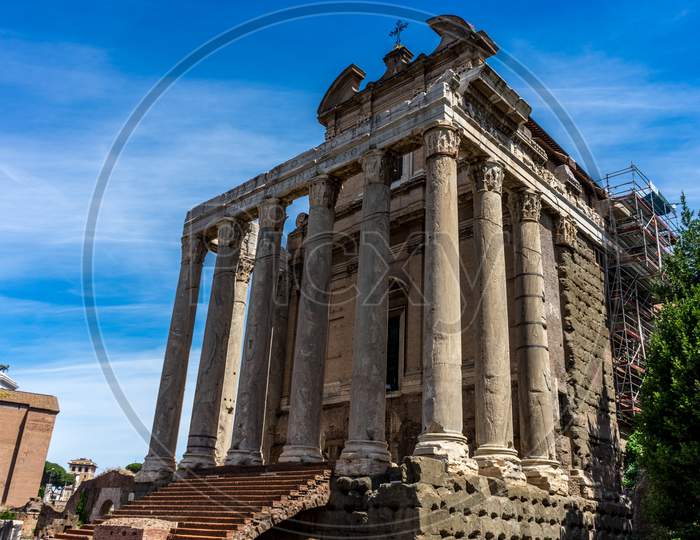 Rome, Italy - 24 June 2018:The Ancient Ruins Of  Temple Of Antoninus And Faustina At Palatine Hills, Roman Forum In Rome