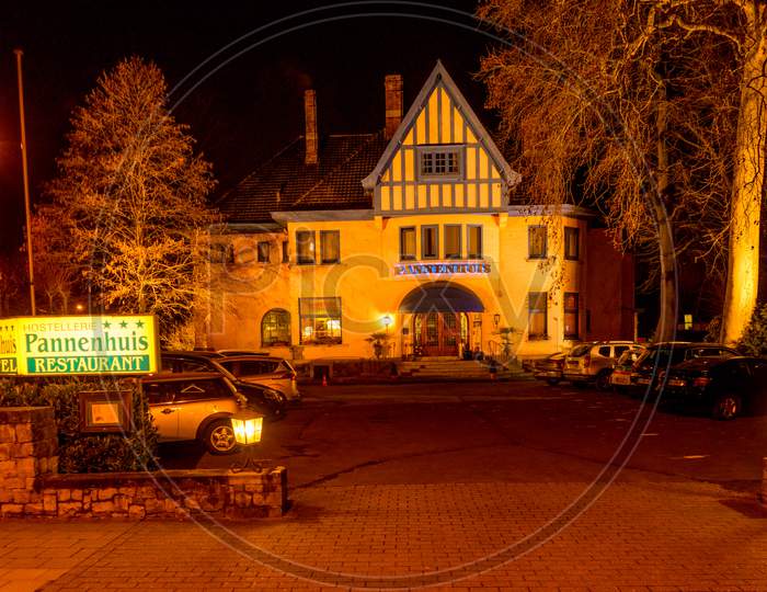 Bruges, Belgium - 17 February 2018: Pannenhuis Bed And Breakfast Hotel On 17 February Night