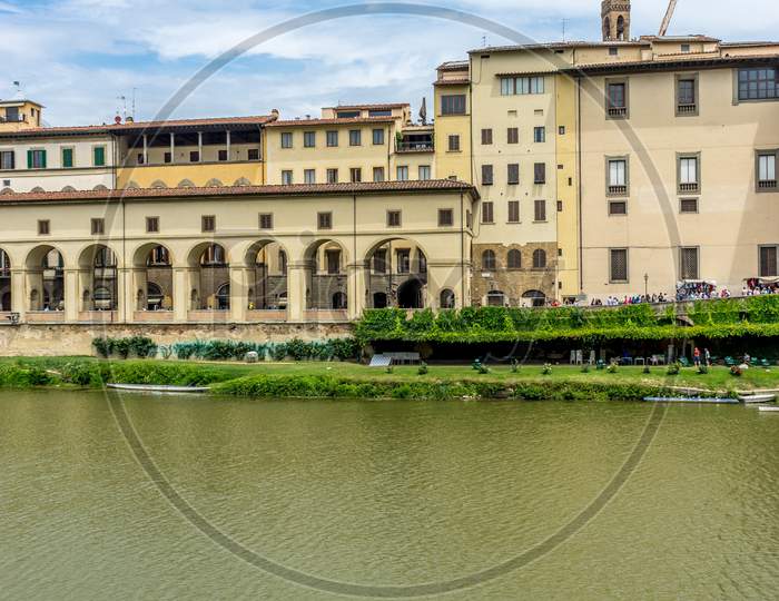 Florence, Italy - 25 June 2018: Gallery Of The Uffizi Over The Arno River In Florence, Italy