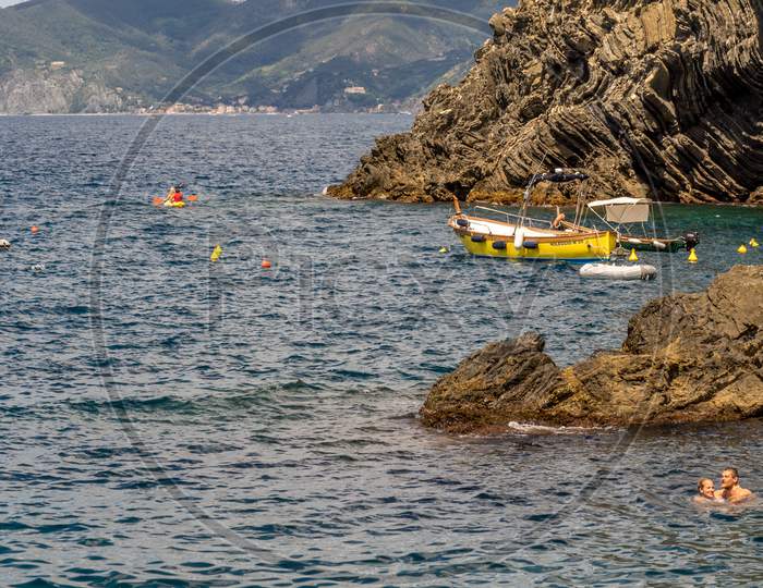 Manarola, Cinque Terre, Italy - 26 June 2018: Boats Docked At The Cove Of Manarola, Cinque Terre, Italy