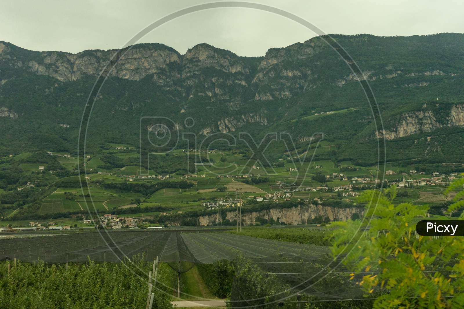 Italy,La Spezia To Kasltelruth Train, A Large Green Field With A Mountain In The Background