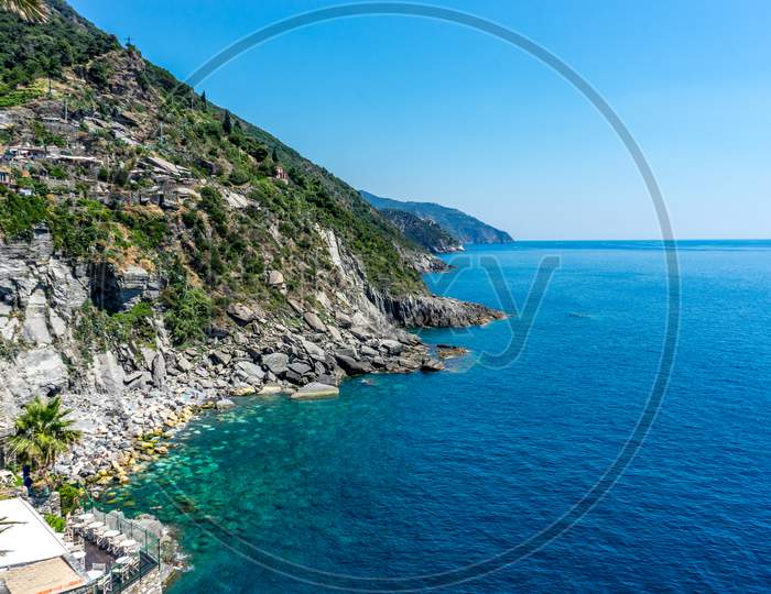 Italy, Cinque Terre, Vernazza, Vernazza, Scenic View Of Sea Against Clear Blue Sky