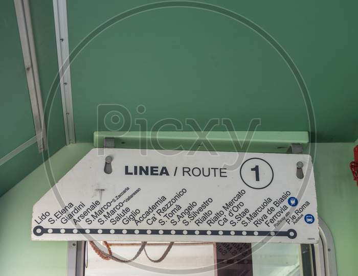 Venice, Italy - 30 June 2018: The Stops And Routes Of A Taxi Boat Line 1 In Venice, Italy