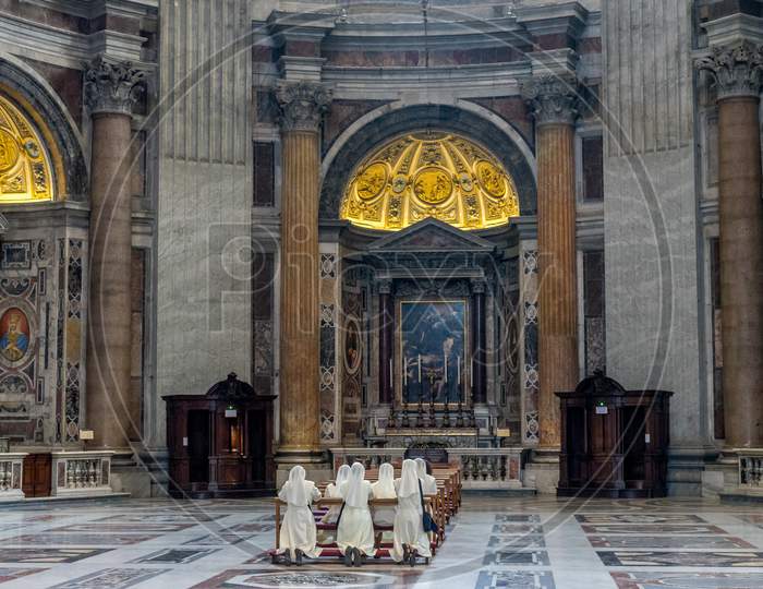 Vatican City, Italy - 23 June 2018: Christian Sisters Nuns In The Interiors Of Saint Peter'S Basilica At St. Peter'S Square In Vatican City