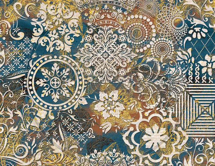 Mural Heavy Wall Decor; Visual Art With Heavily Mixed Pattern; Vintage Fresco Pattern, Retro Ornament In Gold,Red,Blue Colors,Kaleidoscopic Motif. Damask Tile Design,Elegant Royal Tile,Abstract Matt.