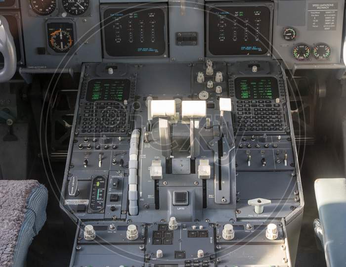 Netherlands, Amsterdam, Schiphol - 06 May, 2018: Klm Cityhopper Cockpit. Schiphol Is One Of The Busiest Airport In Europe.
