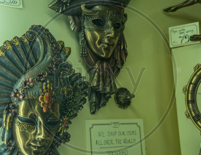Venice, Italy - 30 June 2018: Colorful Venetian Mask On Display In A Shop In Venice, Italy
