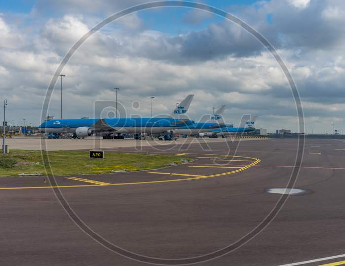 Schiphol,Netherlands - June 25, 2017 :  The Klm Aircraft Viewed From The Aeroplane Window During Taxi After Landing