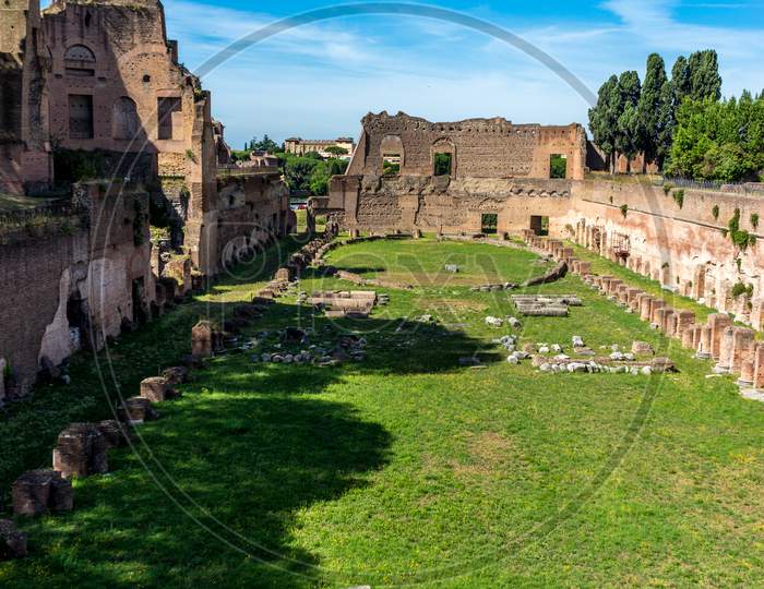 The Ancient Ruins Of Hippodrome Of Domitian At The Roman Forum In Rome. Famous World Landmark