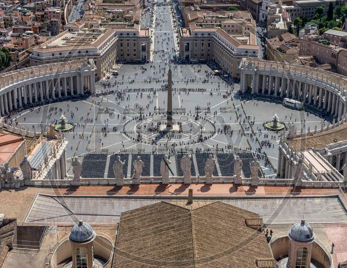 St. Peter'S Square Viewed From The Dome On The Basilica At Vatican City, Rome, Italy