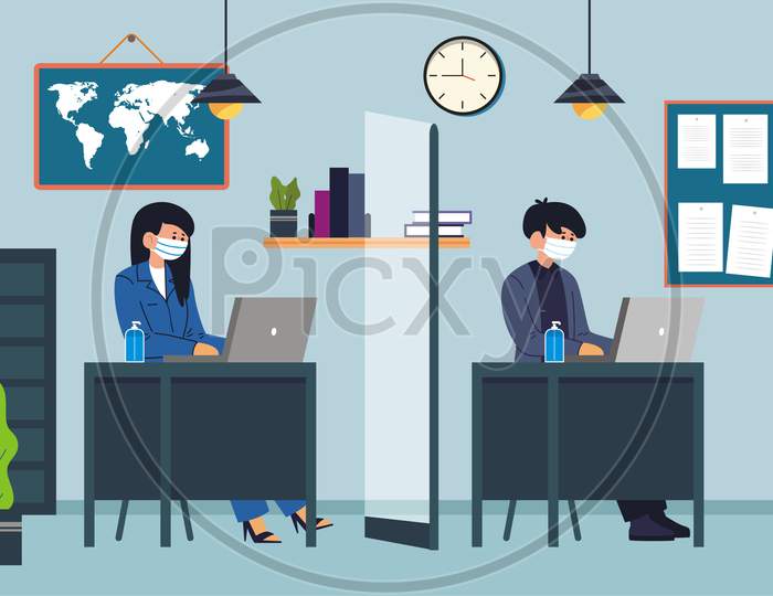 Back to school for new normal lifestyle banner social distancing in class room Concept, Prevention tips infographic of coronavirus 2019. boy and girl wearing mask Sitting on the desk