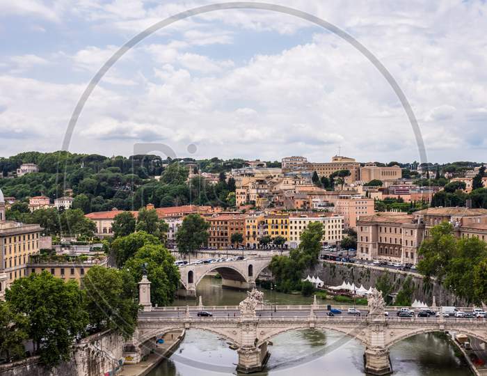 Rome, Italy - 23 June 2018: Cityscape Of Rome With Tiber River And Bridge Viewed From  Castel Sant Angelo, Mausoleum Of Hadrian