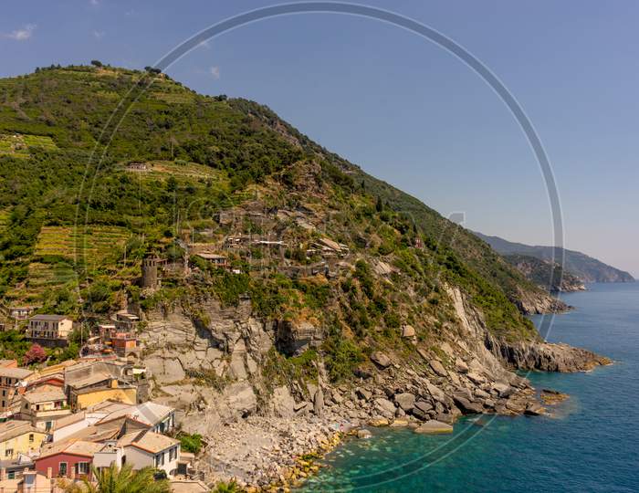 Italy, Cinque Terre, Vernazza, Vernazza, Scenic View Of Sea And Mountains Against Clear Sky