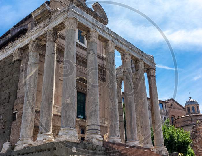 Rome, Italy - 24 June 2018:The Ancient Ruins Of  Temple Of Antoninus And Faustina At Palatine Hills, Roman Forum In Rome