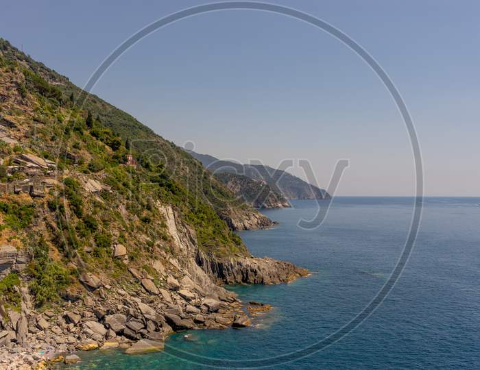 Italy, Cinque Terre, Vernazza, Vernazza, Scenic View Of Sea Against Clear Sky