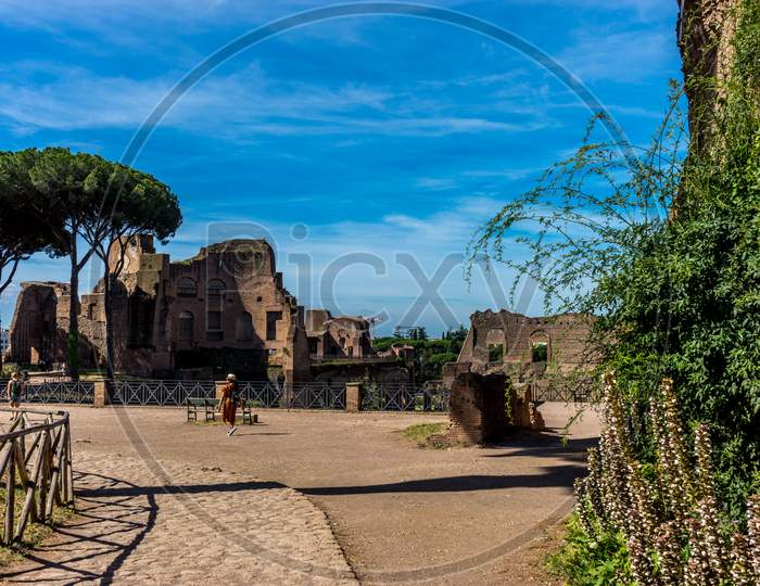 Rome, Italy - 24 June 2018: The Ancient Ruins At The Roman Forum In Rome. Famous World Landmark