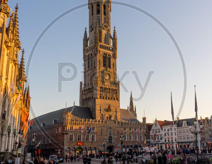 Bruges, Belgium - 17 February 2018: A Group Of People Walking In Belfry Of Bruges, Belgium