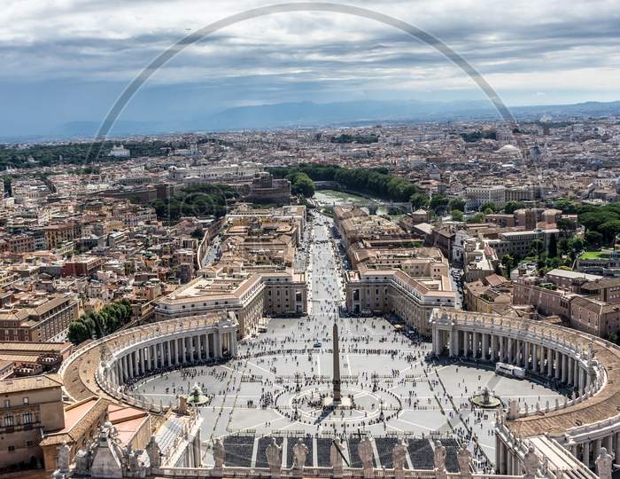 St. Peter'S Square Viewed From The Dome On The Basilica At Vatican City, Rome, Italy