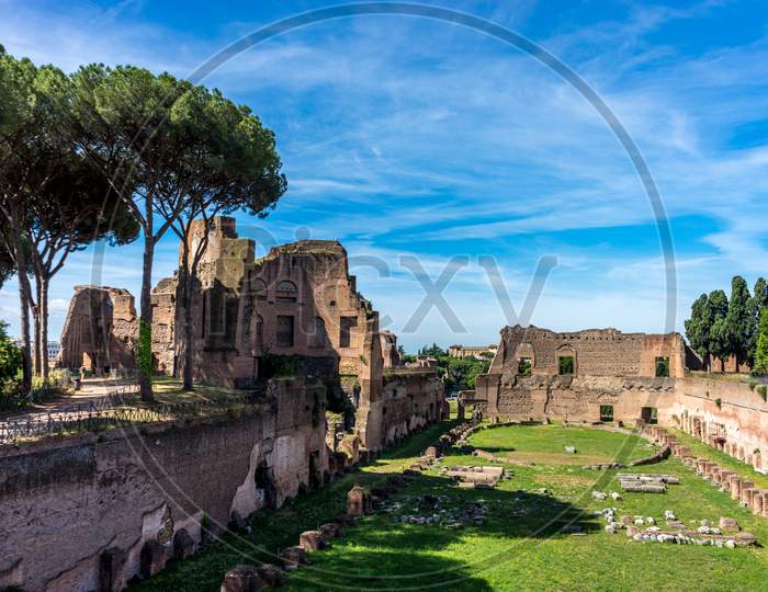 Rome, Italy - 24 June 2018: The Ancient Ruins Of Hippodrome Of Domitian At The Roman Forum In Rome. Famous World Landmark