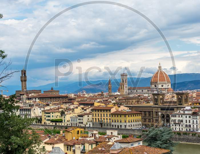 Florence, Italy - 25 June 2018: Panaromic View Of Florence With Palazzo Vecchio And Duomo Viewed From Piazzale Michelangelo (Michelangelo Square)