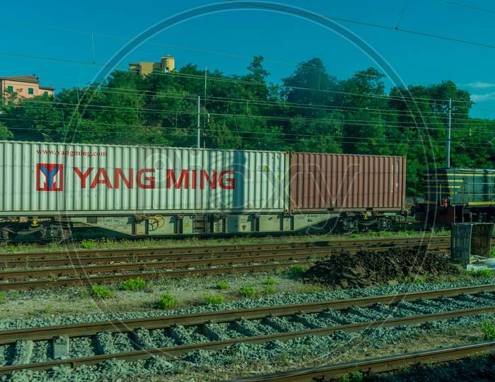 La Spezia, Italy - 28 June 2018: The Yang Ming Container On A Train In Italy