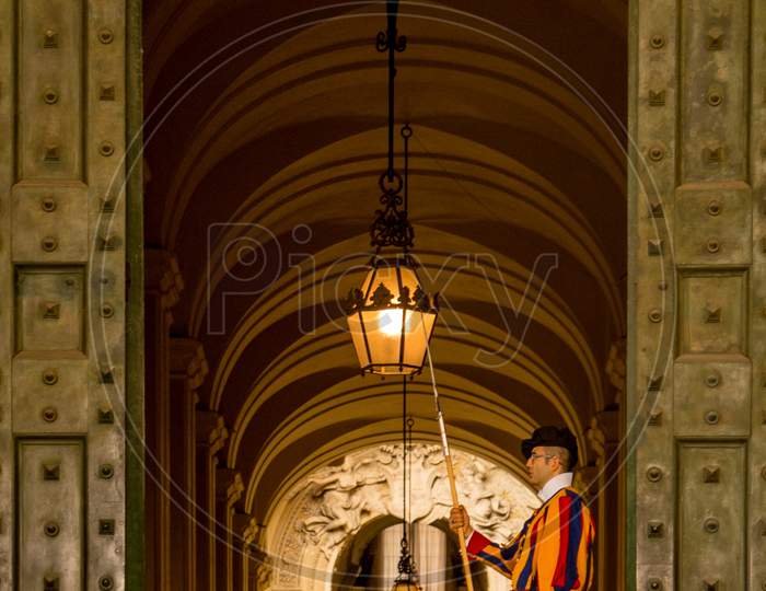 Vatican City,Italy - 23 June 2018: The Swiss Guard In Vatican City  Standing At The Entrance Of A Door