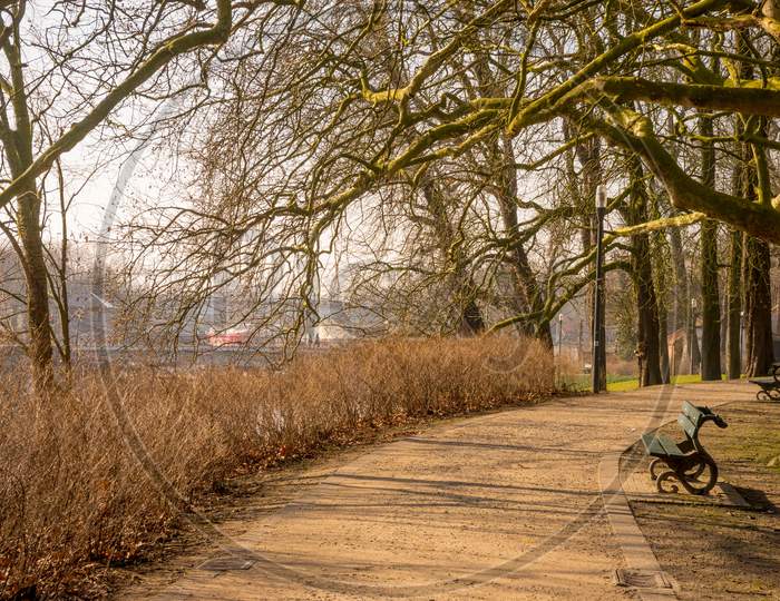 Belgium, Bruges, Empty Bench Facing A Canal
