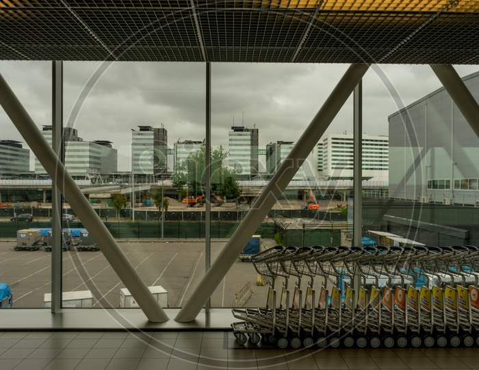 Amsterdam, Schiphol - 22 June 2018: The Interior Glass Windows At The Schiphol Airport