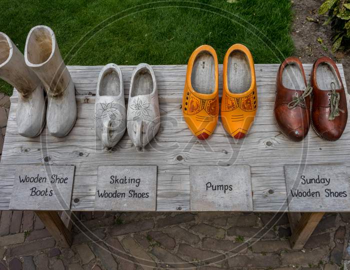 Lisse, Netherlands - 22 April: Wooden Clog Shoes At  Keukenhoff, Tulip Gardens