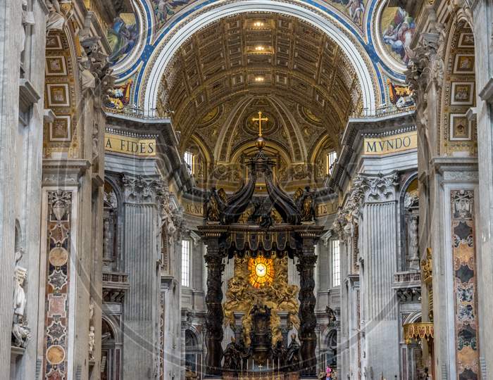 Vatican City, Italy - 23 June 2018: Decorated Interiors Of Saint Peter'S Basilica At St. Peter'S Square In Vatican City