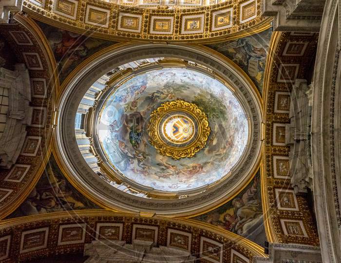 Vatican City, Italy - 23 June 2018: Decoration On The Ceiling Dome Of Saint Peter'S Basilica At St. Peter'S Square In Vatican City