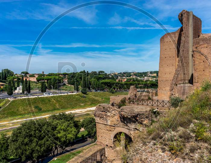 Rome, Italy - 24 June 2018: The Ancient Ruins Of Circus Maximus In The Valley Between The Aventine And Palatine Hills, Roman Forum In Rome
