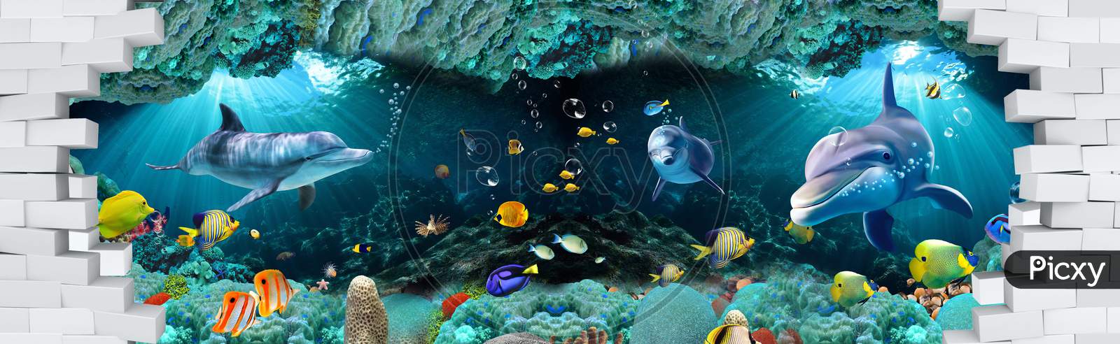 3D Underwater Fishes Living Room Wallpaper, 3D Illustration For Wall Decoration High Quality Wall Art.