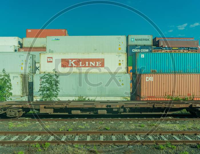 Italy - 28 June 2018: The K Line, Maersk, Cma Cgm, Cai Container On A Train In Italy