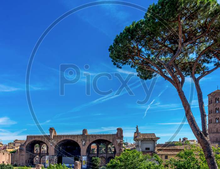 Rome, Italy - 24 June 2018: The Ancient Ruins Of Basilica Of Maxentius At The Roman Forum In Rome. Famous World Landmark