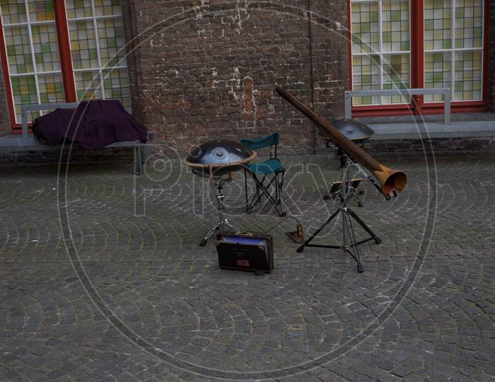 Bruges, Belgium - 17 February 2018: Musical Instruments On The Street In Bruges, Belgium