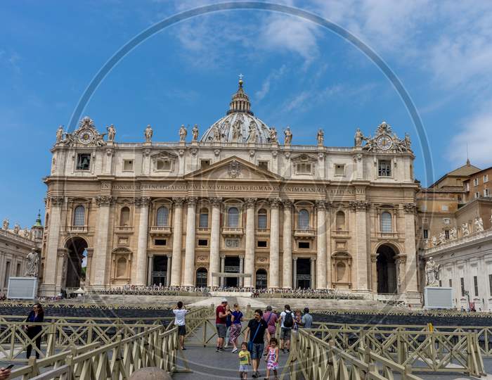 Vatican City, Italy - 23 June 2018: Facade Of The Saint Peter'S Basilica At St. Peter'S Square In Vatican City