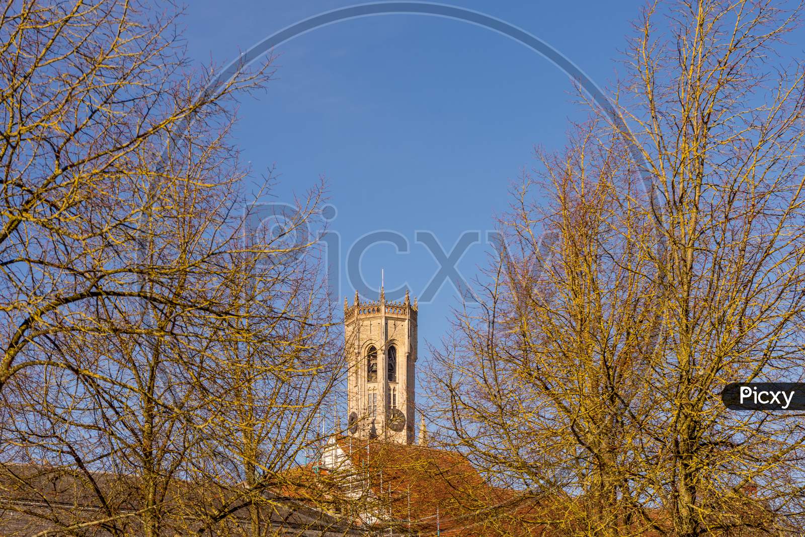 Bruges, Belgium - 17 February 2018: The Belfry Tower At Bruges