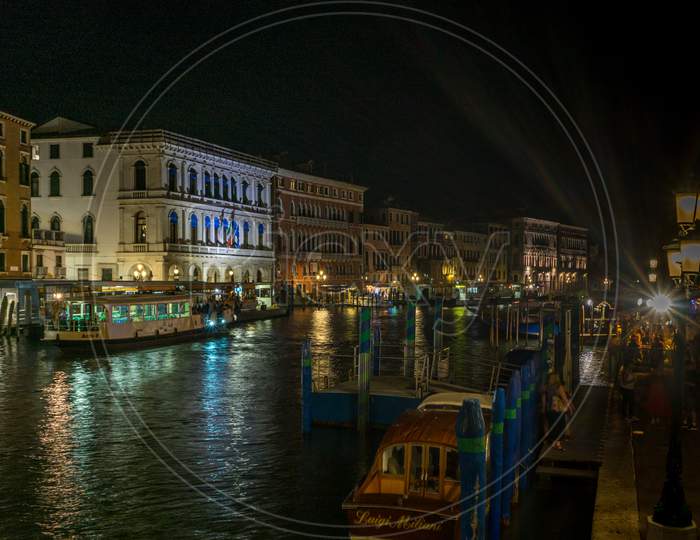 Venice, Italy - 30 June 2018: The Grand Canal In Venice, Italy At Night
