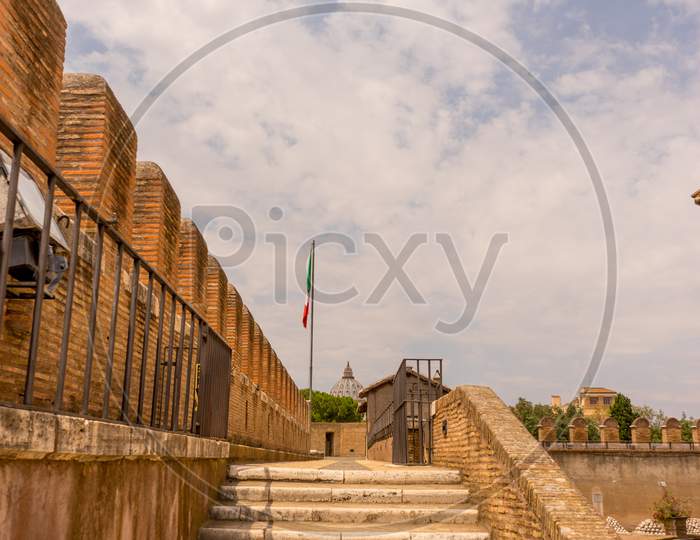 Rome, Italy - 24 June 2018: Stone Staircase Steps Leading To A Road In Rome,Italy