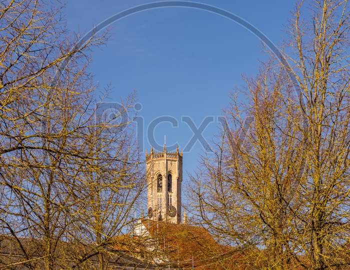 Bruges, Belgium - 17 February 2018: The Belfry Tower At Bruges