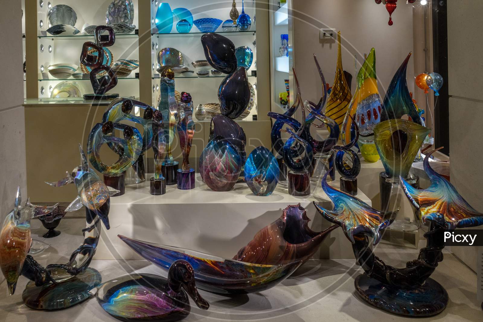 Venice, Italy - 30 June 2018: Colorful Glass Artifacts On Display In A Shop In Venice, Italy