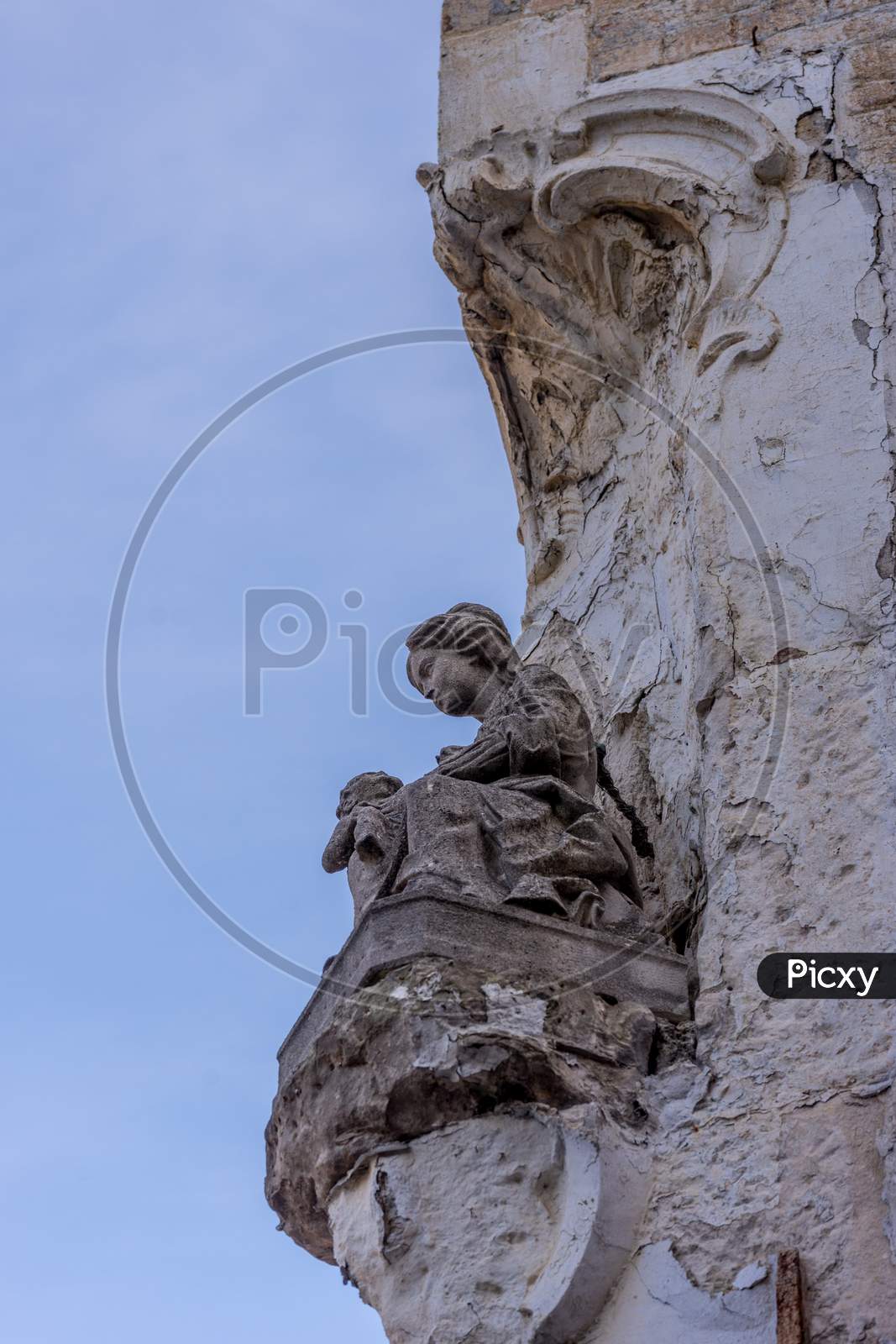 Belgium, Bruges, A Close Up Of A Rock Sculpture Of Madonna And Baby Jesus