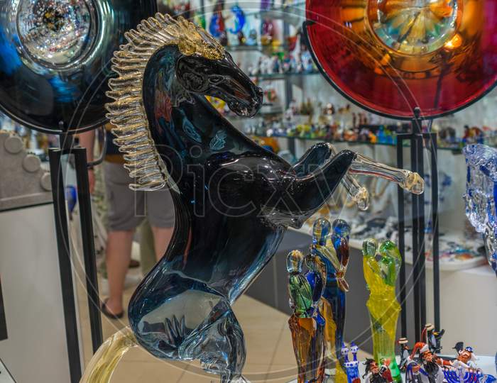 Venice, Italy - 30 June 2018: Glass Artifacts On Display In A Shop In Venice, Italy