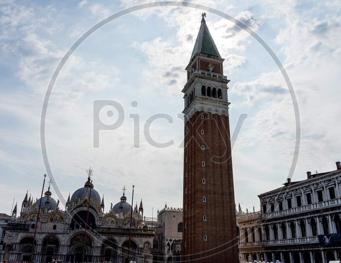 Venice, Italy - 01 July 2018: St Mark'S Campanile Square And St Mark'S Basilica In Venice, Italy