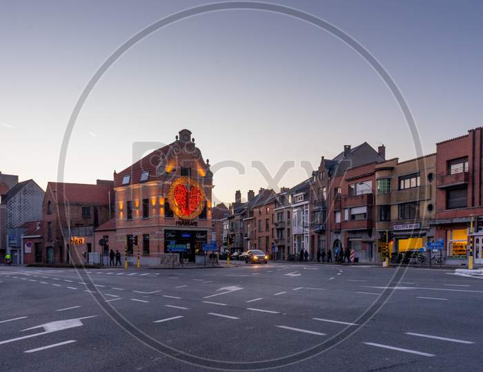 Bruges, Belgium - 17 February 2018: Close Up Of A Busy City Street Bruges, Belgium
