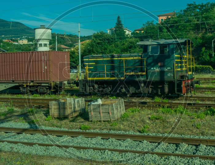 Italy - 28 June 2018: The Engine Of Trenitalia In The Italian Outskirts Track